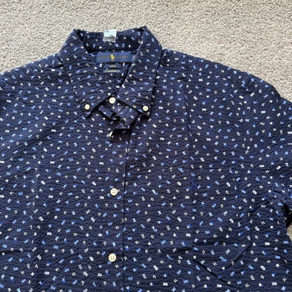 Polo Ralph Lauren Mens XL Slim Fit RL Untucked SEERSUCKER Flag Pony Shirt Blue - Picture 2 of 6